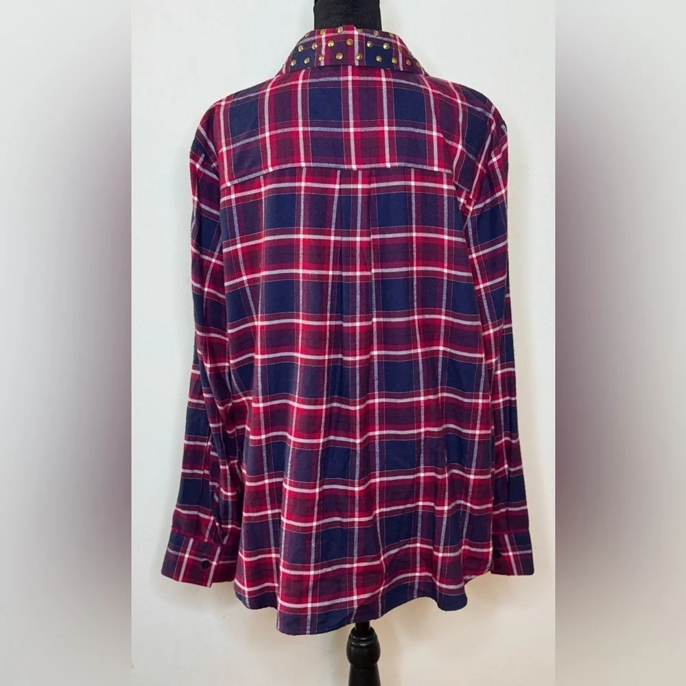 Michael Kors Red & Blue soft plaid flannel shirt studded western collar XL EUC
